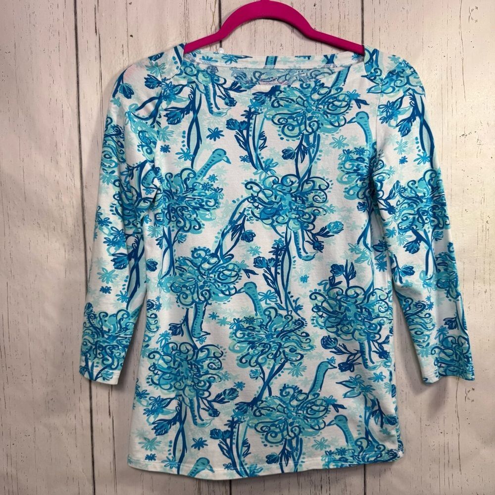 Lilly Pulitzer Womens Blue Print 3/4 Sleeve Tee Coastal Preppy Resortwear Soft